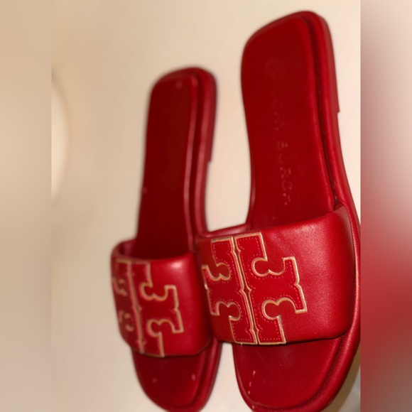 Tory Burch Red Gold Double T Logo Slide Sandals Size 6.5 - Picture 8 of 16